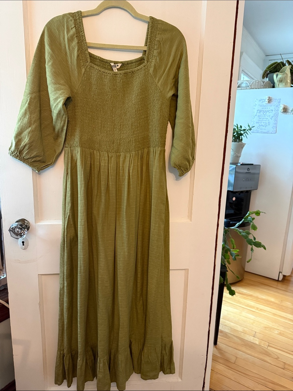 Fat Face Olive Green Maxi Dress with Smocked Bodice